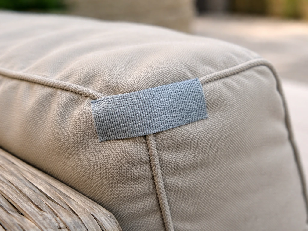 Close-up of outdoor cloth repair tape neatly applied to the corner edge of an outdoor cushion cover