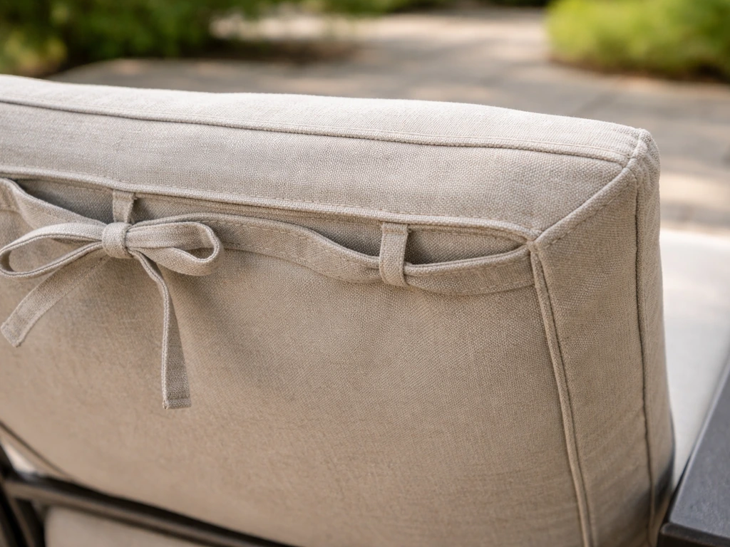 Close-up of a cushion cover with underside ties securing it against outdoor moisture.