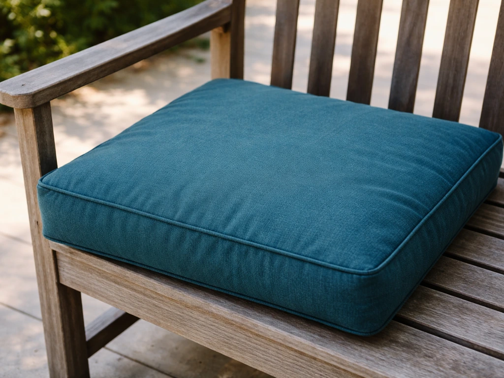 A richly dyed teal patio cushion cover on a wooden bench in soft sunlight.