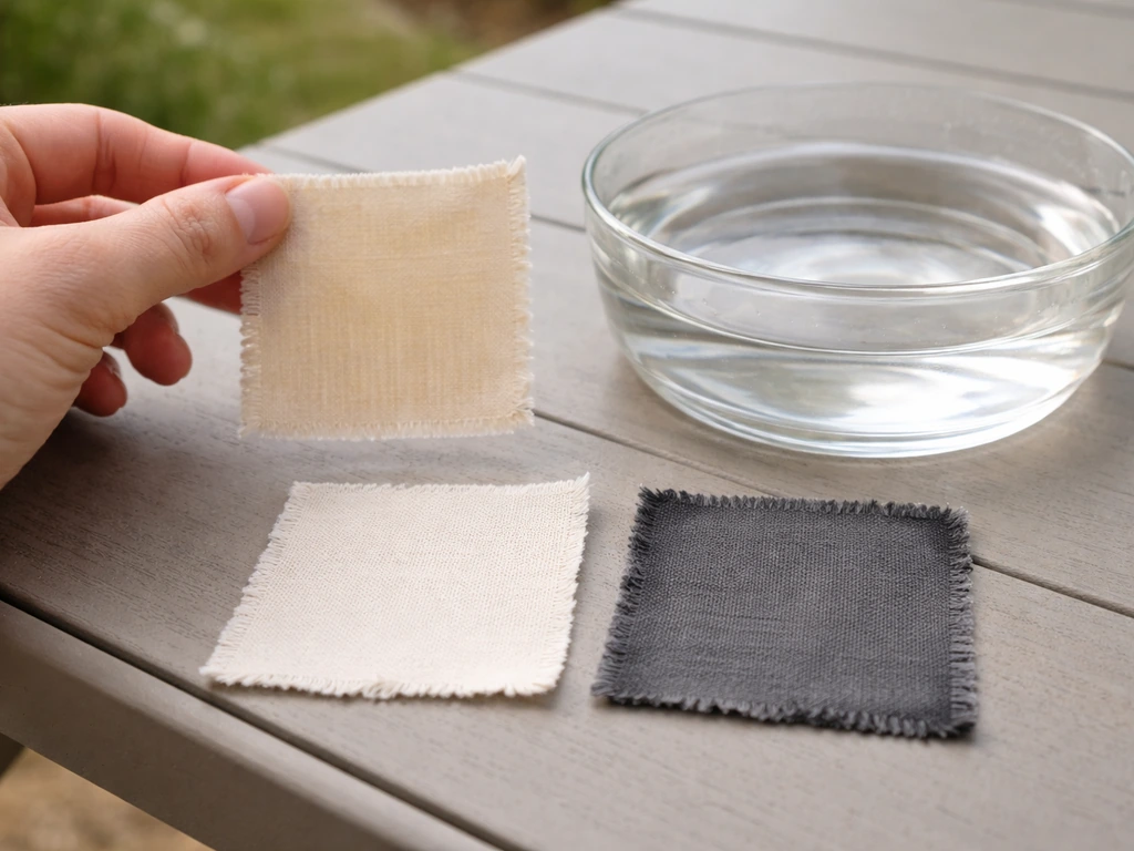 Close-up of a hand comparing patio cushion fabric swatches and water with different dye results