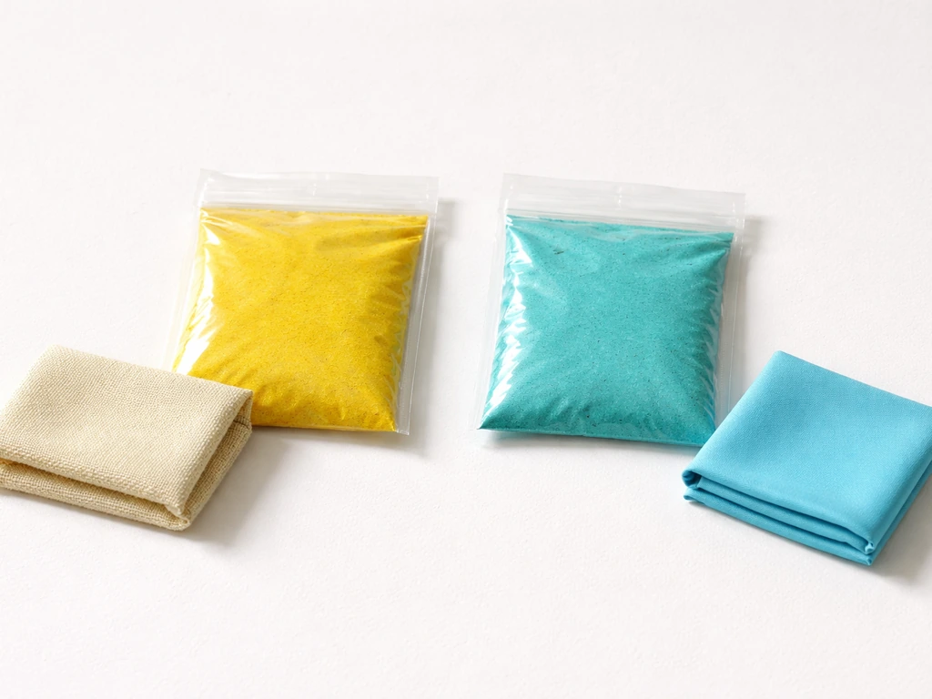 Two dye packets side-by-side with matching cotton/linen and polyester fabric swatches on a white table.