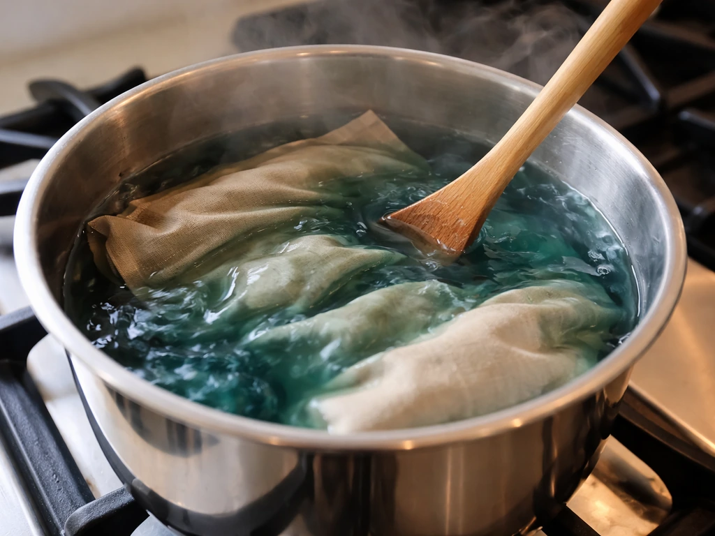 A stovetop pot with hot water and dye dissolving as an unbranded cushion cover is submerged and stirred