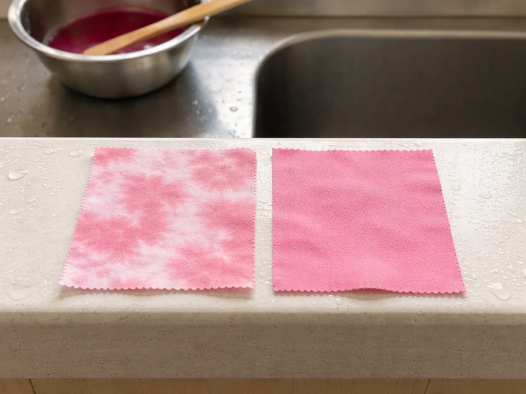 Two fabric swatches in natural dye: one blotchy and one evenly dyed, side by side on a sink ledge.