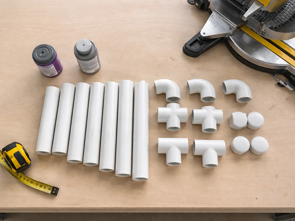 Overhead view of Schedule 40 PVC pipe parts, primer, solvent cement, measuring tape, and a miter saw