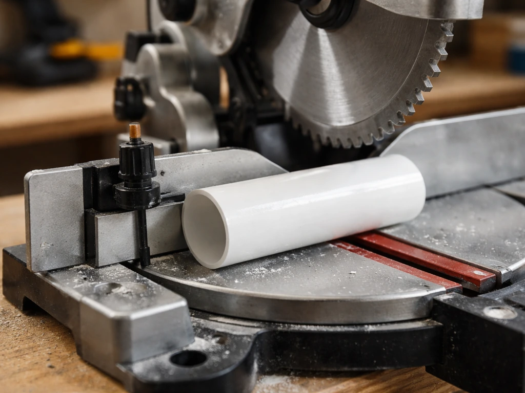 Close-up of a PVC pipe being cut on a miter saw with a fresh square end visible.
