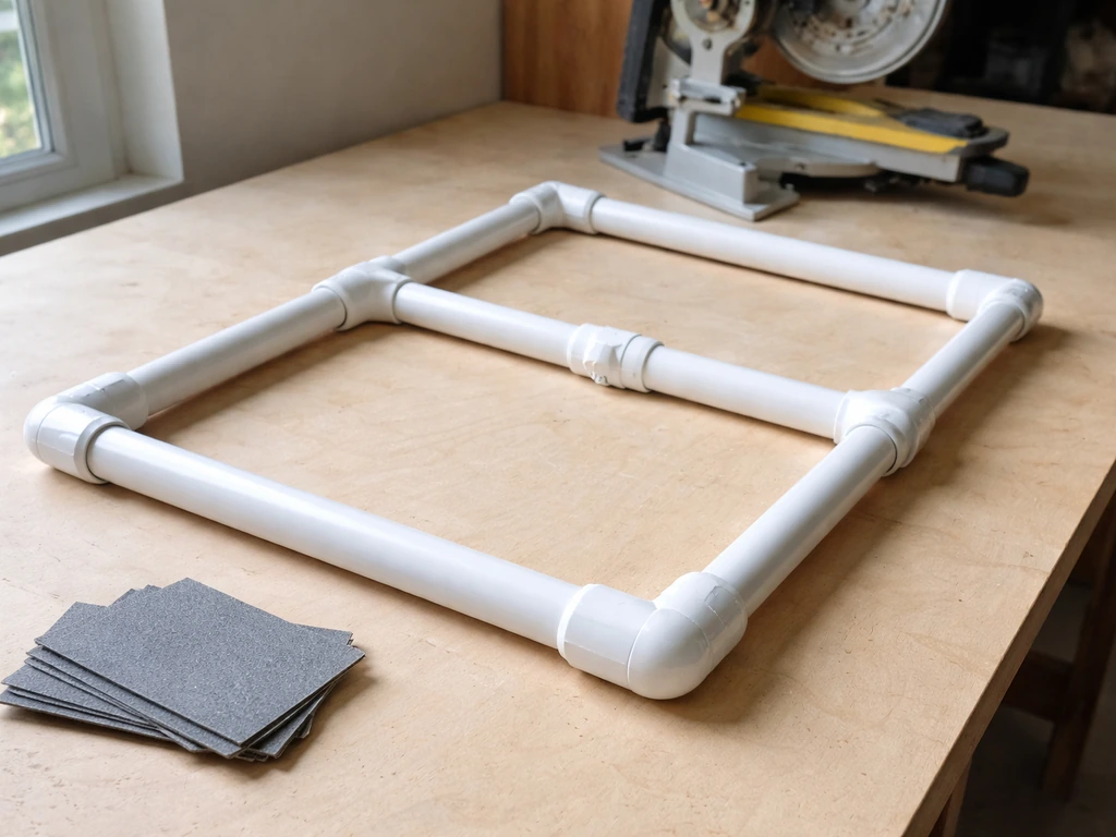 Dry-fitted PVC frame on a workbench with joints fully seated, no cement, bench frame shape visible.