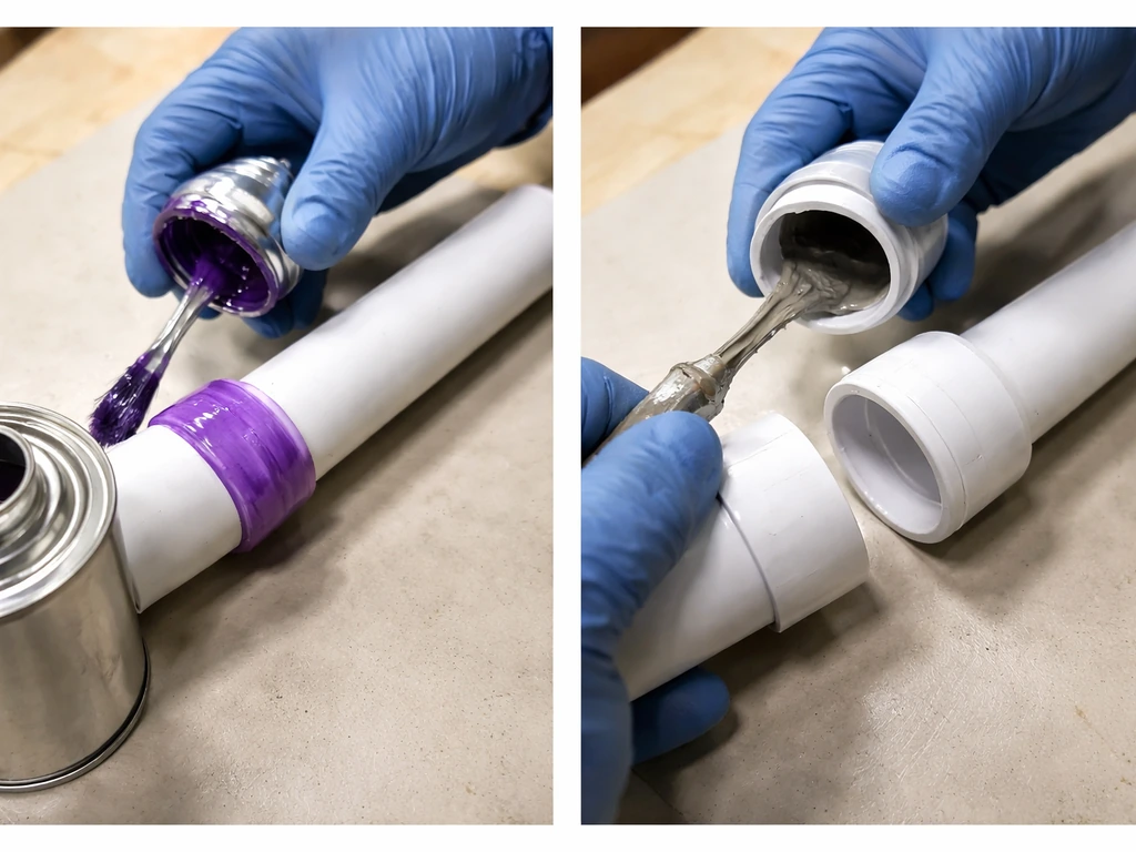 Gloved hands priming and applying solvent cement to connect a PVC pipe joint