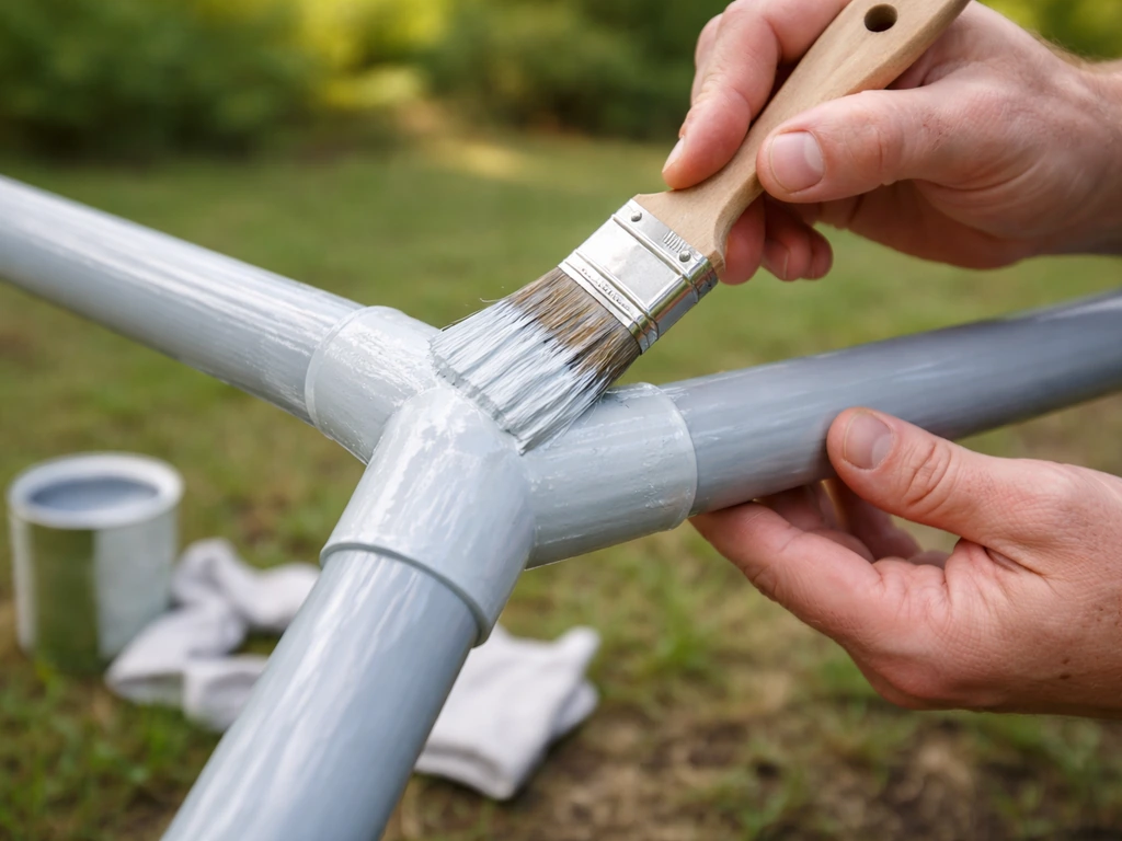 Painter applying outdoor UV-protective paint to a PVC frame outdoors with a brush