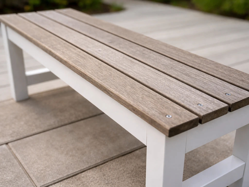 Outdoor bench with wood slats neatly secured across a PVC frame, completed seating surface