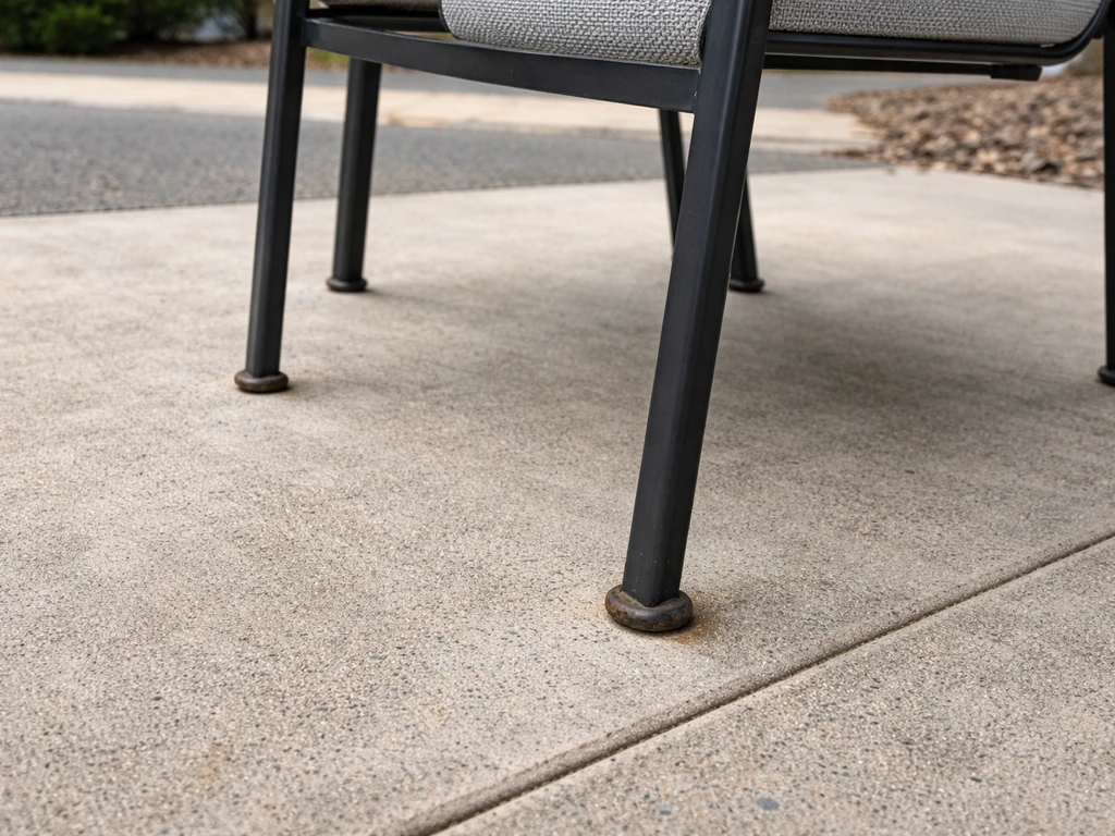 Patio chair legs on bare concrete with surrounding surface scuffed and slightly stained from wear