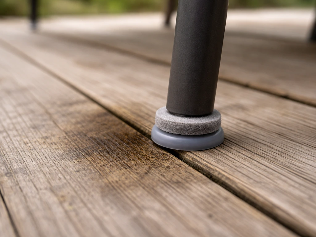 Close-up of a wood deck board under a patio chair leg with felt and silicone pads preventing rubber contact.