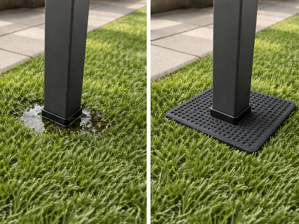 Heavy patio furniture leg compressing artificial turf with pooled water, then a drainage-safe mat nearby.