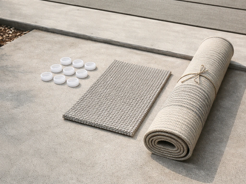 Patio surface underlayment items laid out neatly beside outdoor area rug and silicone leg pads