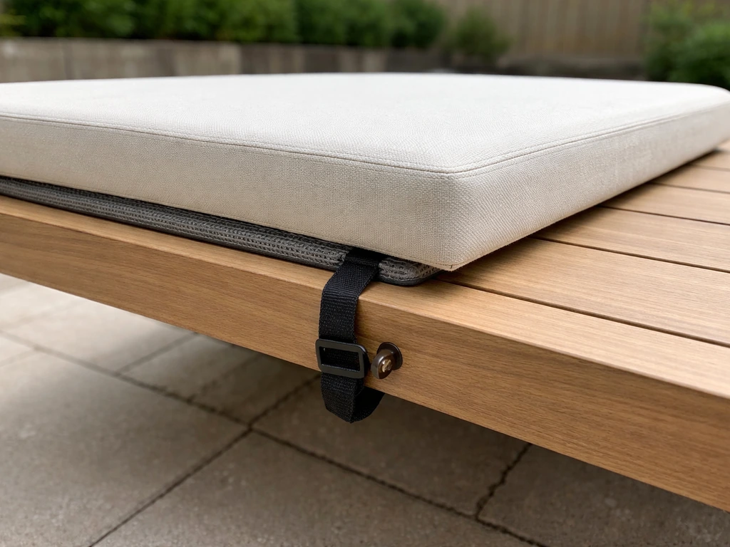 Outdoor bench with patio cushion centered, secured by an anchored underside strap and non-slip pad.