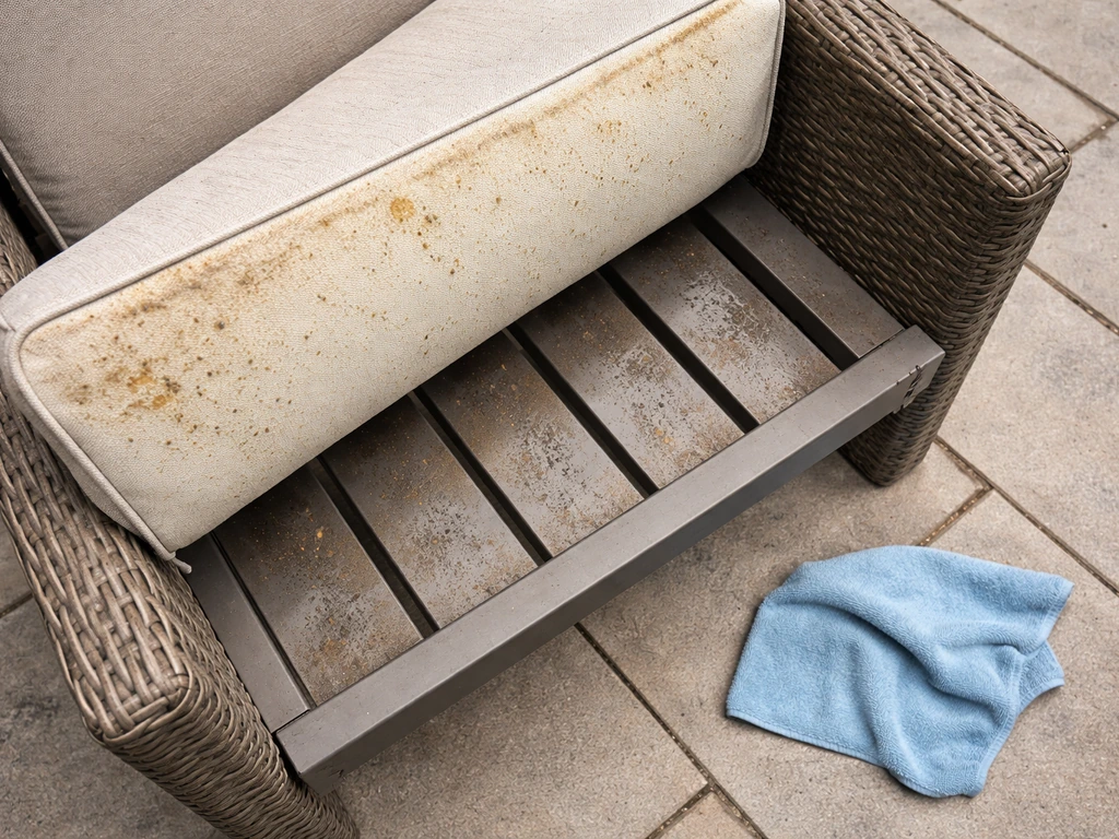 Top-down view of a patio chair cushion underside with visible dirt and moisture residue on the frame.