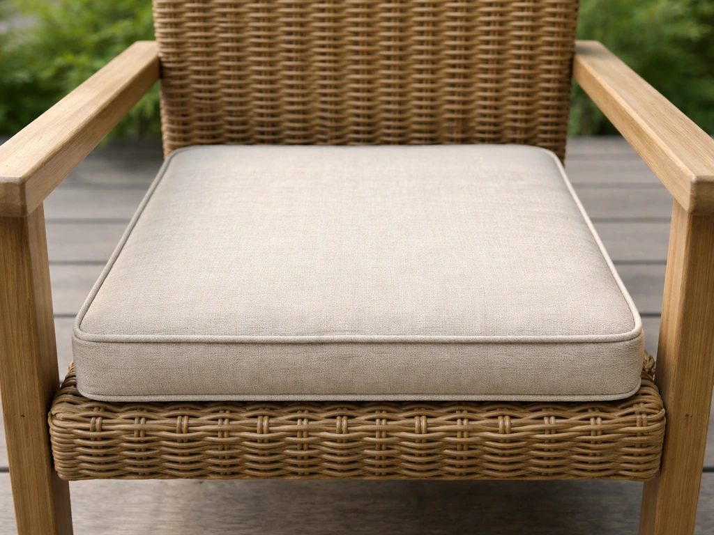 Outdoor chair seat with cushion centered evenly, showing equal gaps left and right for a non-wedged fit.