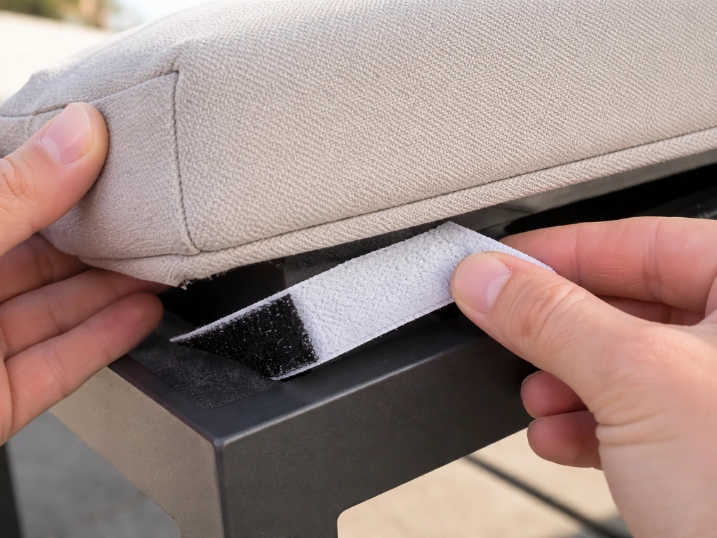 Close-up of Velcro hook-and-loop strips being pressed under an outdoor cushion to attach it.