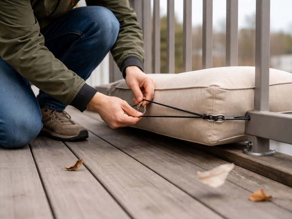 Person tightening a bungee cord strap anchor to secure an outdoor cushion on a windy deck