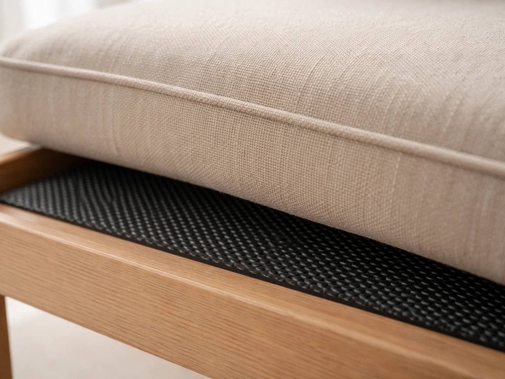 Close-up of textured rubber grip liner placed between a cushion and chair frame on a wooden seat